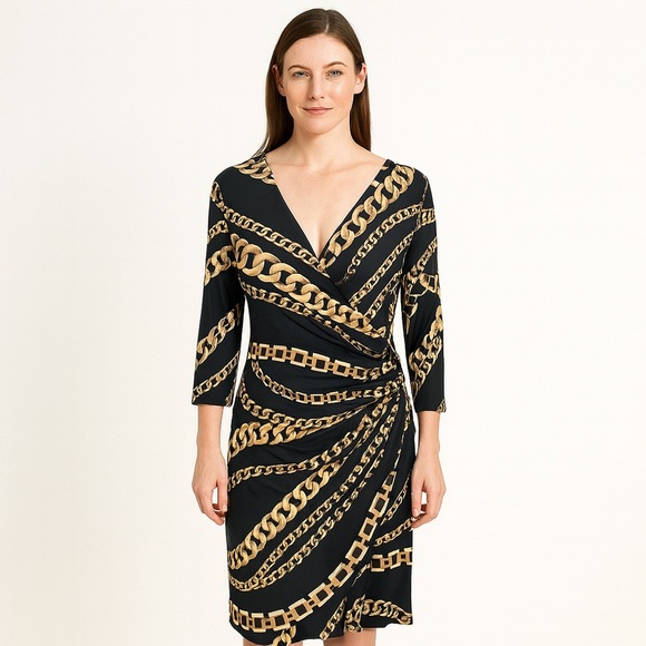 Janine Dresses & Skirts - VTG Janine Size L Faux Wrap Dress Chain link Midi Couture Cocktail Gala Sheath